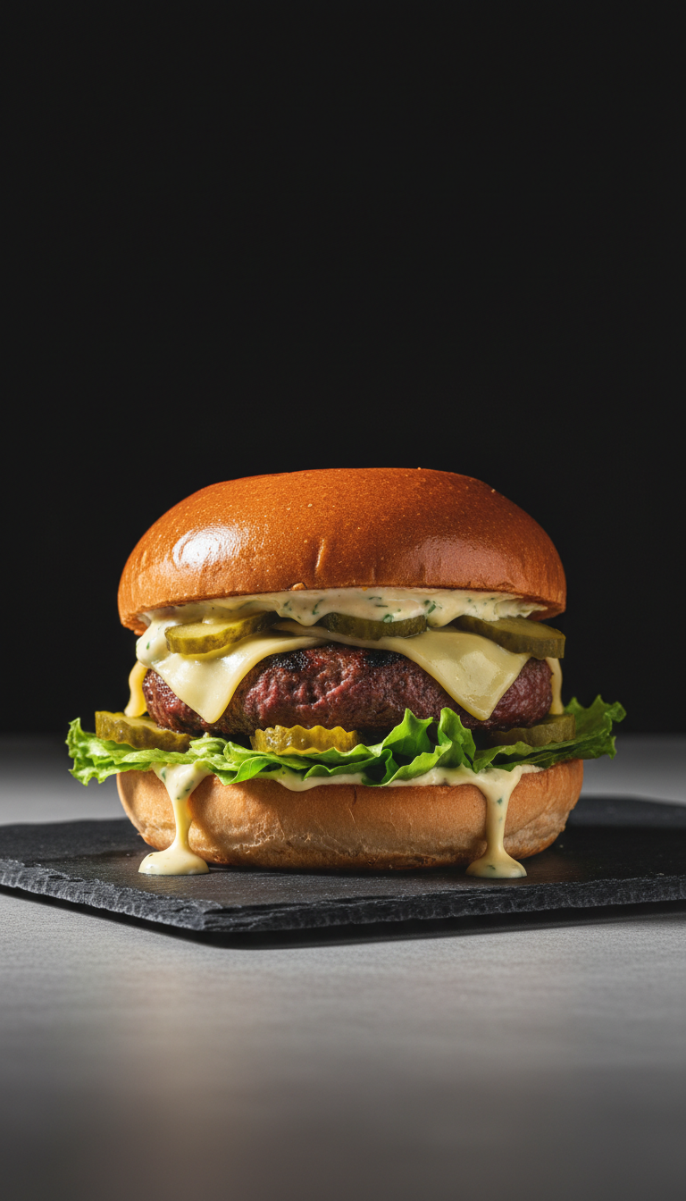A towering gourmet burger with a gleaming golden-brown brioche bun, thick char-grilled beef patty seared to perfection, sharp Nordic cheddar melting over the sides, crisp iceberg lettuce, tangy pickles, and a swirl of Scandinavian remoulade. The burger sits on a matte slate plate atop a pale concrete table, with a minimalist dark background emphasizing the richness of the food. Sharp, directional studio lighting streams from the left, casting crisp, elongated shadows and highlighting every detail and texture. The scene exudes boldness and confidence, with an eye-level, centered composition and photographic realism. Perfectly encapsulates Hungry Dane’s signature flavors and minimalist Nordic soul.